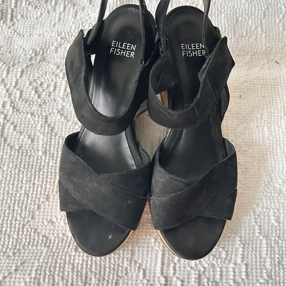 Eileen Fisher Black Suede Wood Platform Cutout Wedge Studded Sandals Size 7‎